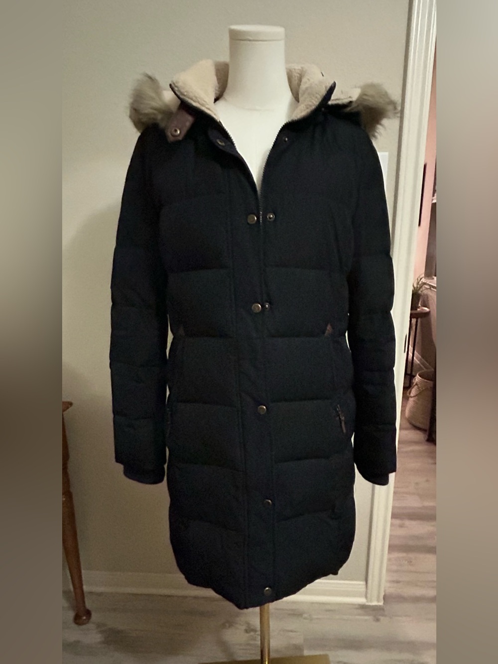 Ralph Lauren Women's Black Faux-Fur Trim Hooded Winter Coat